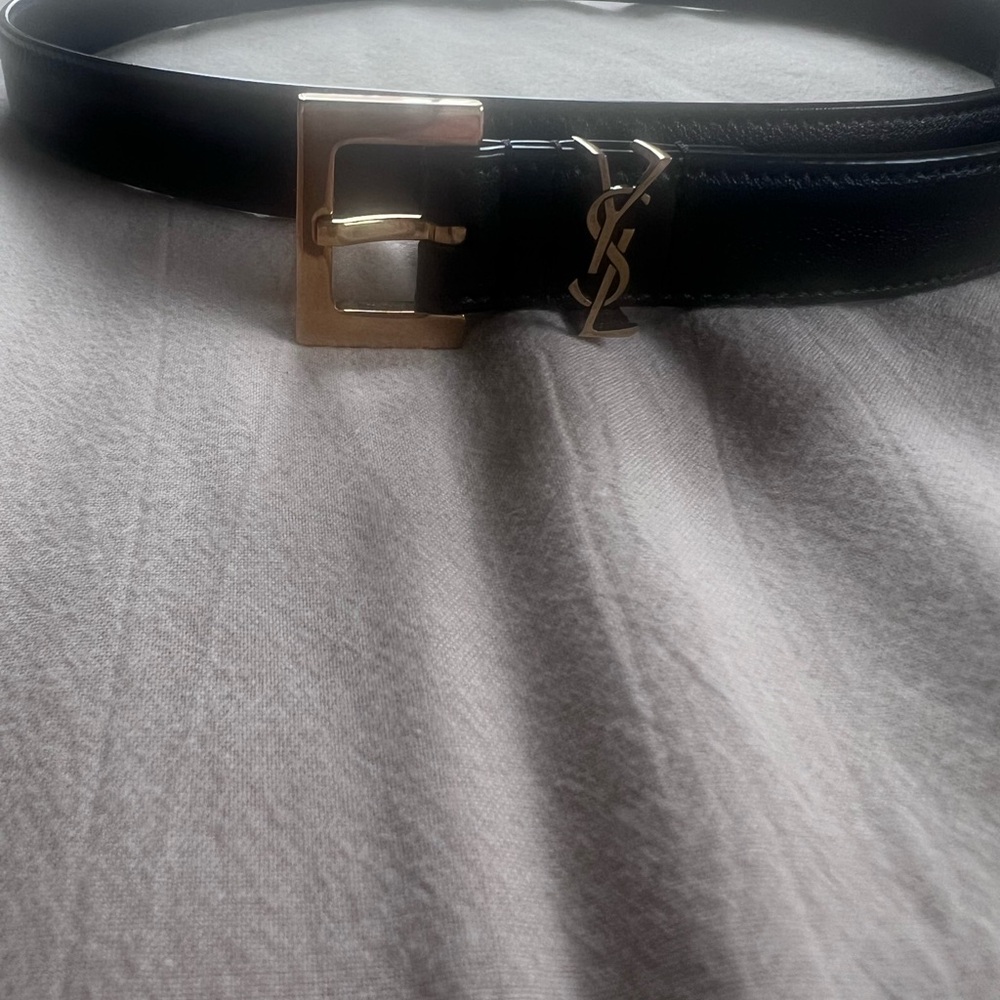 YSL Black Leather Belt with Gold Buckle